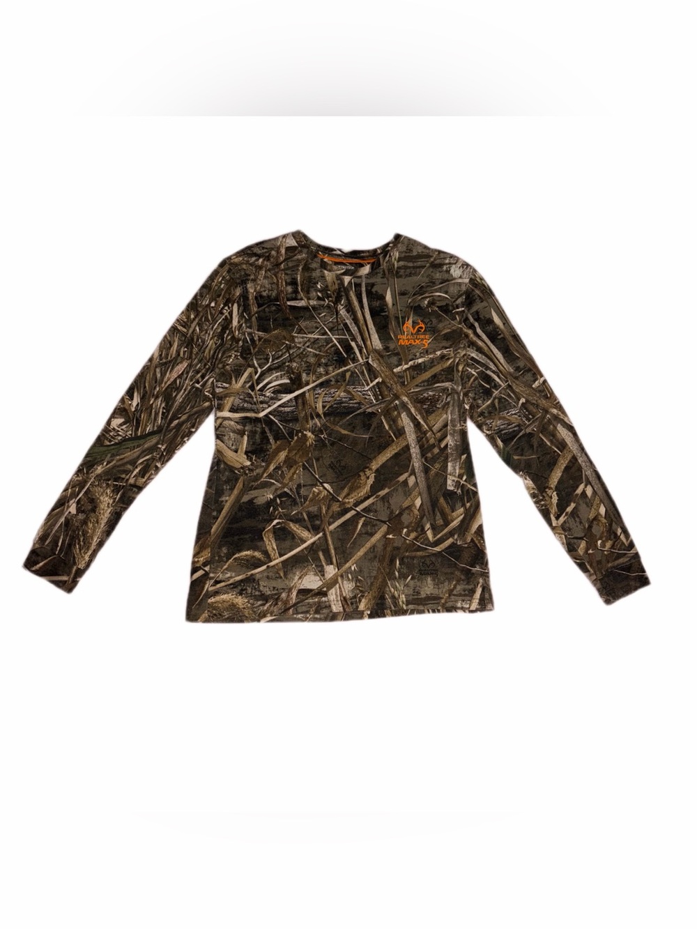 Realtree Camo Long Sleeve Tee in Brown and Olive with Orange Logo Size Medium